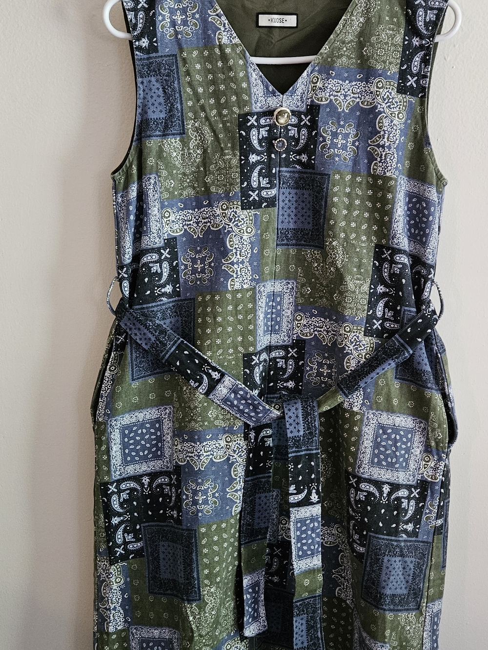 Kuose Olive, Navy and Black Patch V-Neck Dress, Y2K, Boho, Farmers Market
